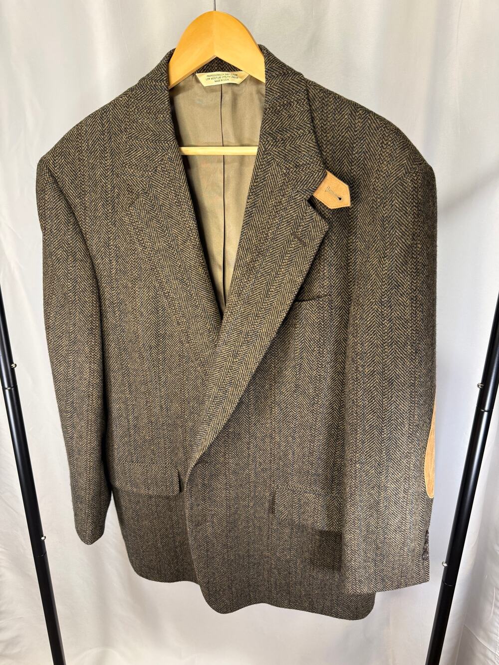 Evan-Picone Robinsons-May Men 42R Wool Herringbone Blazer Suede Elbow Patches